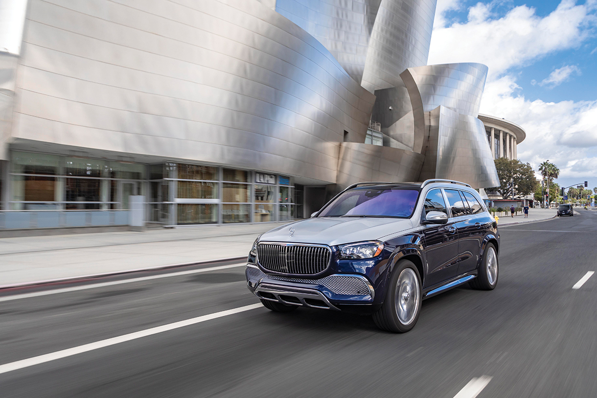 Mercedes-Maybach GLS600 SUV driving past Frank Gehry’s Disney Concert Hall